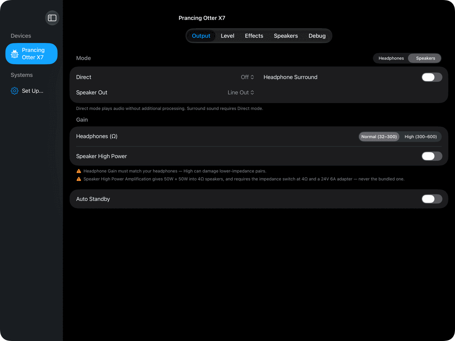 Output tab on iPad, dark appearance.