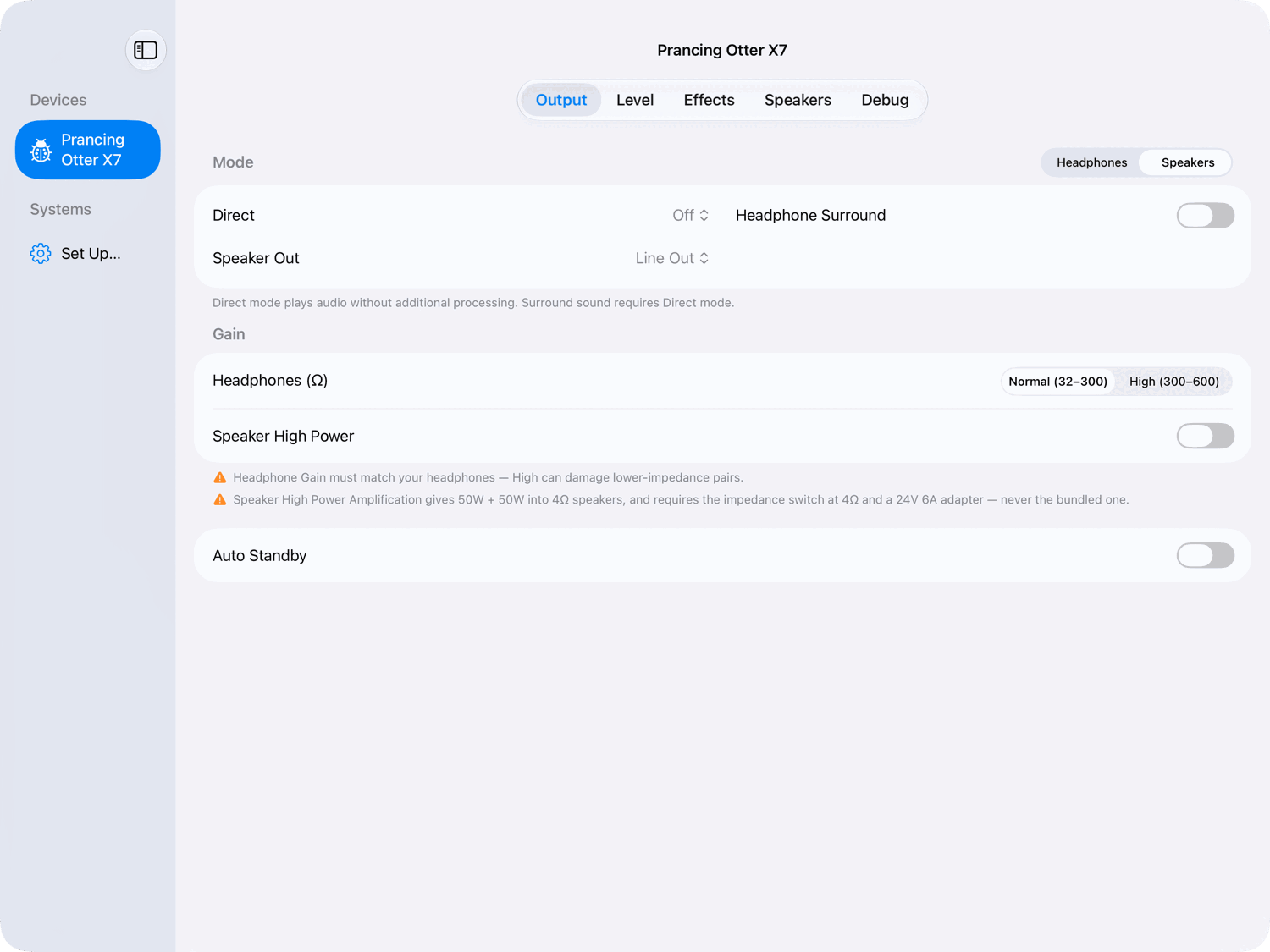 Output tab on iPad, light appearance.