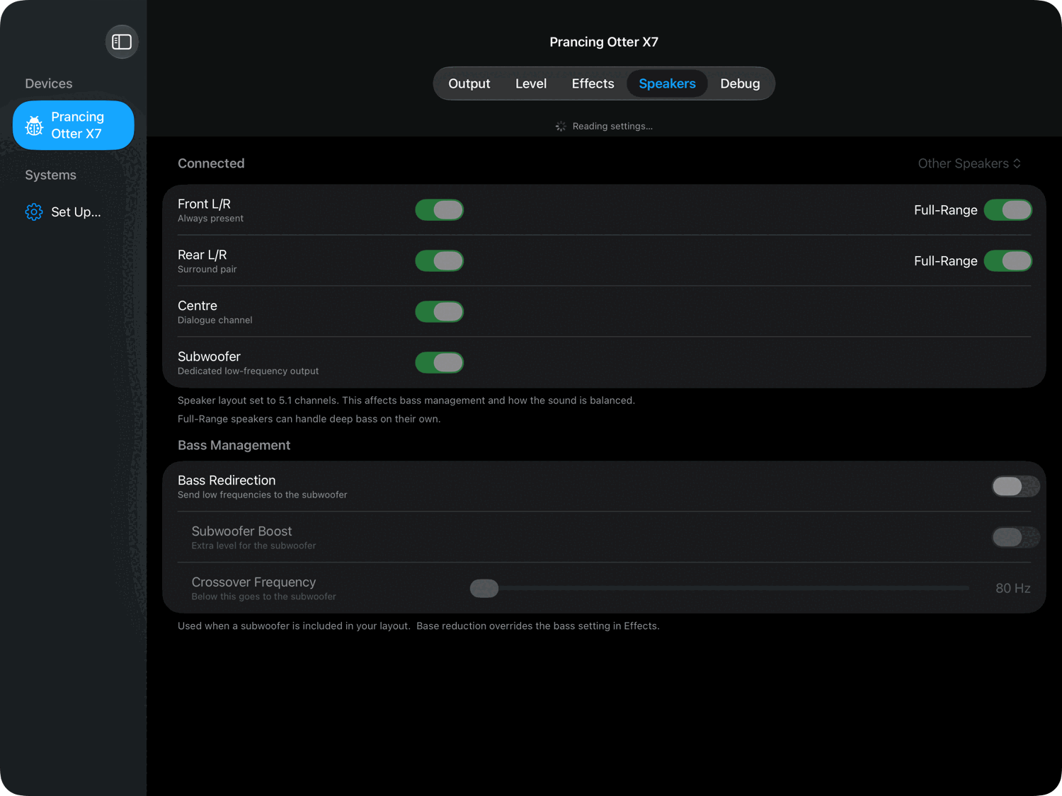 Speakers tab on iPad, dark appearance.