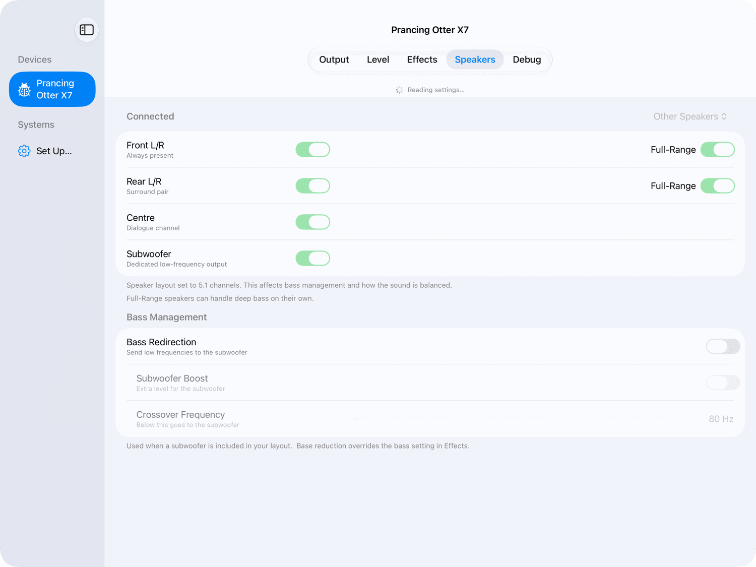 Speakers tab on iPad, light appearance.