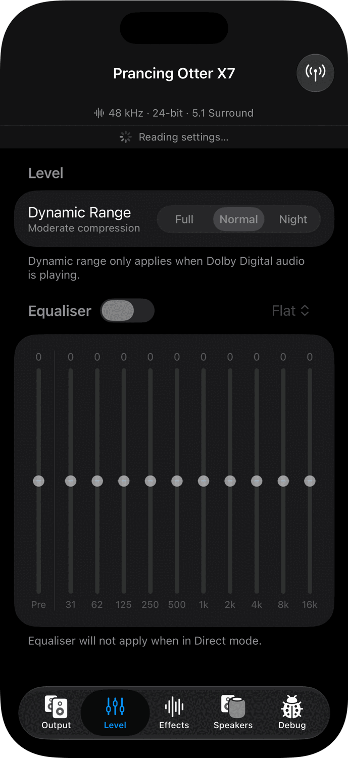 Level tab on iPhone, dark appearance.