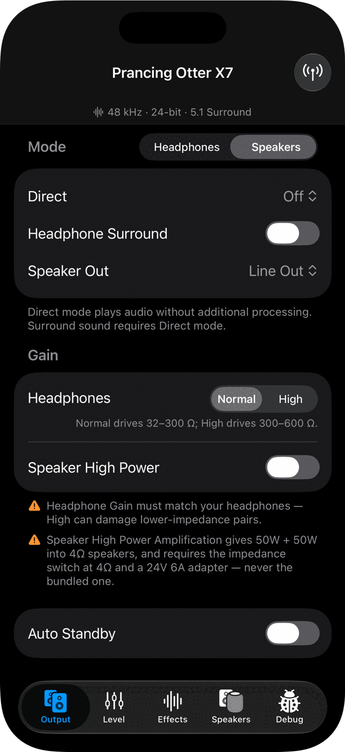 Output tab on iPhone, dark appearance.