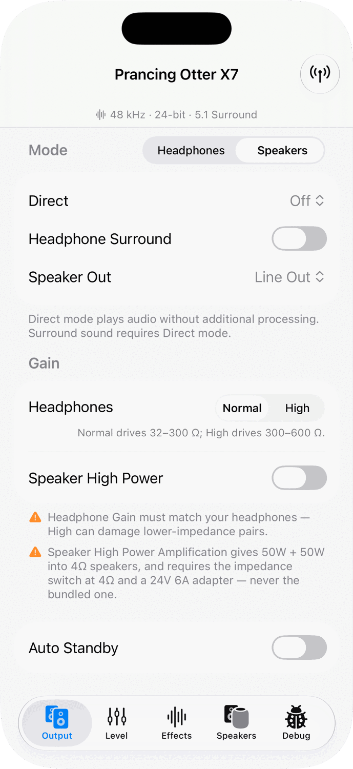 Output tab on iPhone, light appearance.