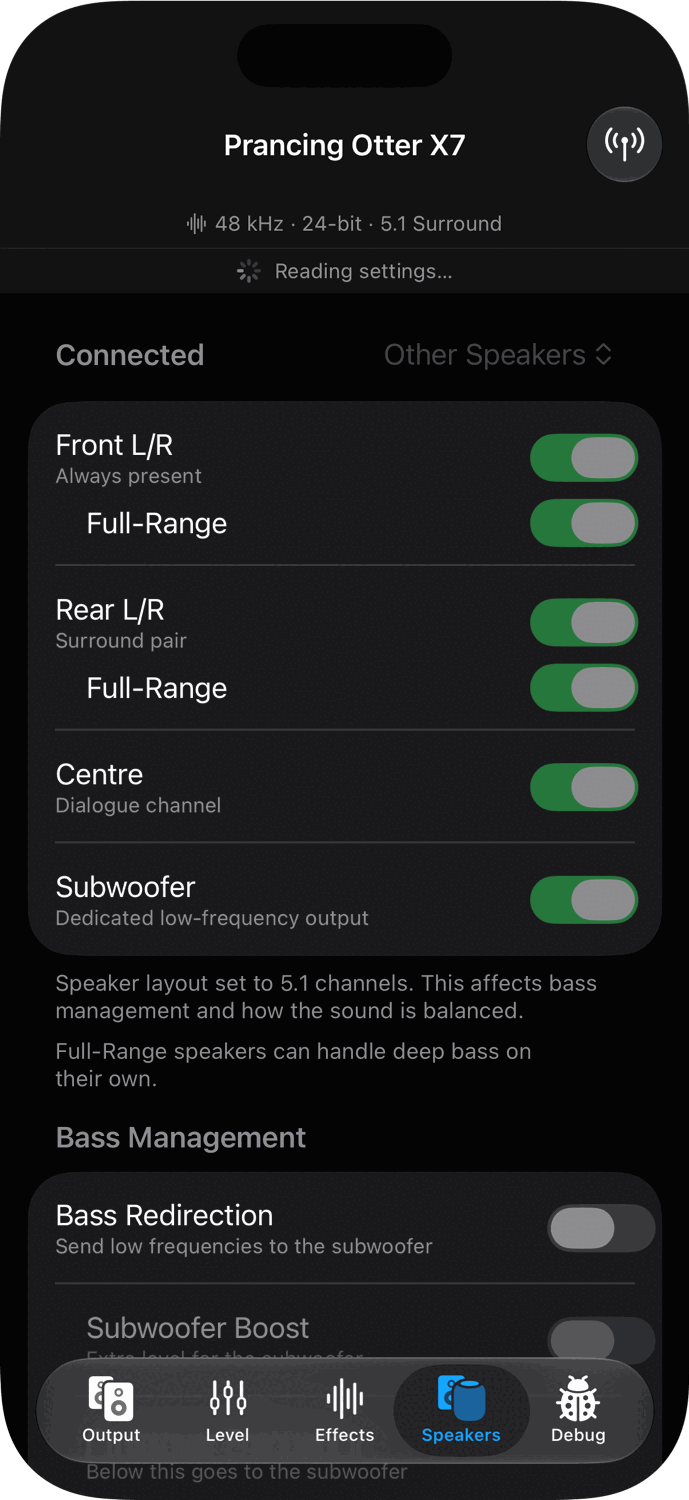 Speakers tab on iPhone, dark appearance.