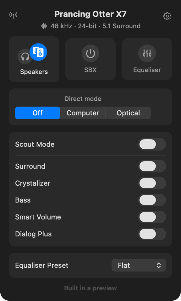 Menu bar panel, dark appearance.